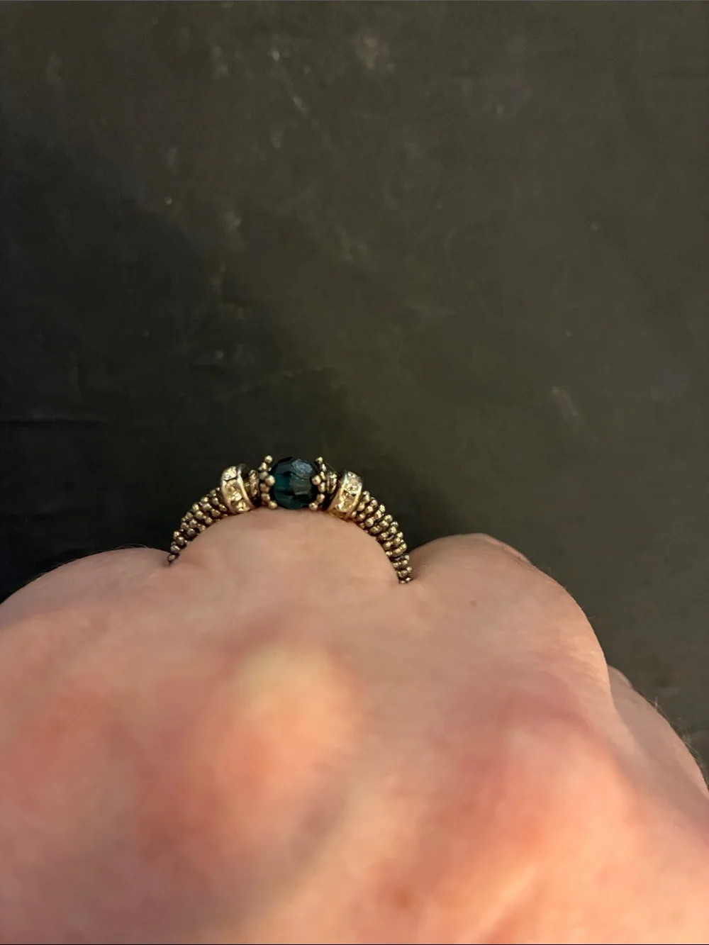Gold-Tone Stretch Ring with Dark Blue Oval Stone and Pavé Accents.  NWOT
